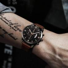 5 Cái/bộ Đồng hồ thạch anh thể thao dành cho doanh nhân, ví và kính râm, thích hợp làm quà tặng ngày lễ tình nhân - màu nâu - Xem 5