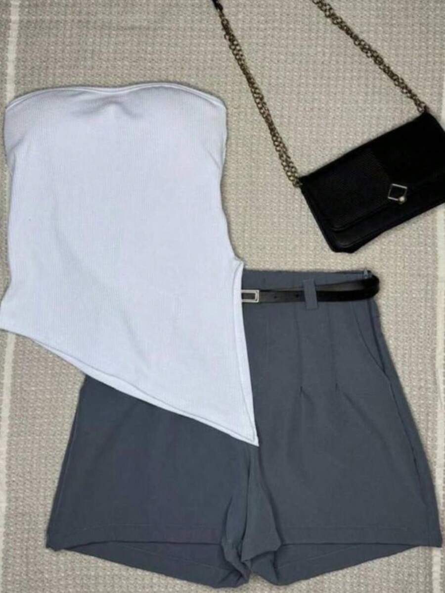KIT 2 PIECES TAILORING SHORTS WITH BELT AND FASHIONABLE RIBBED SYMMETRIC BLOUSE SPRING/SUMMER LAUNCH - 灰色 - 查看 1