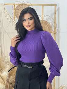 Women's Ribbed Knit Blouse Balloon Sleeve Puffed Fashion Daily Work Casual - tử đinh hương - Xem 1