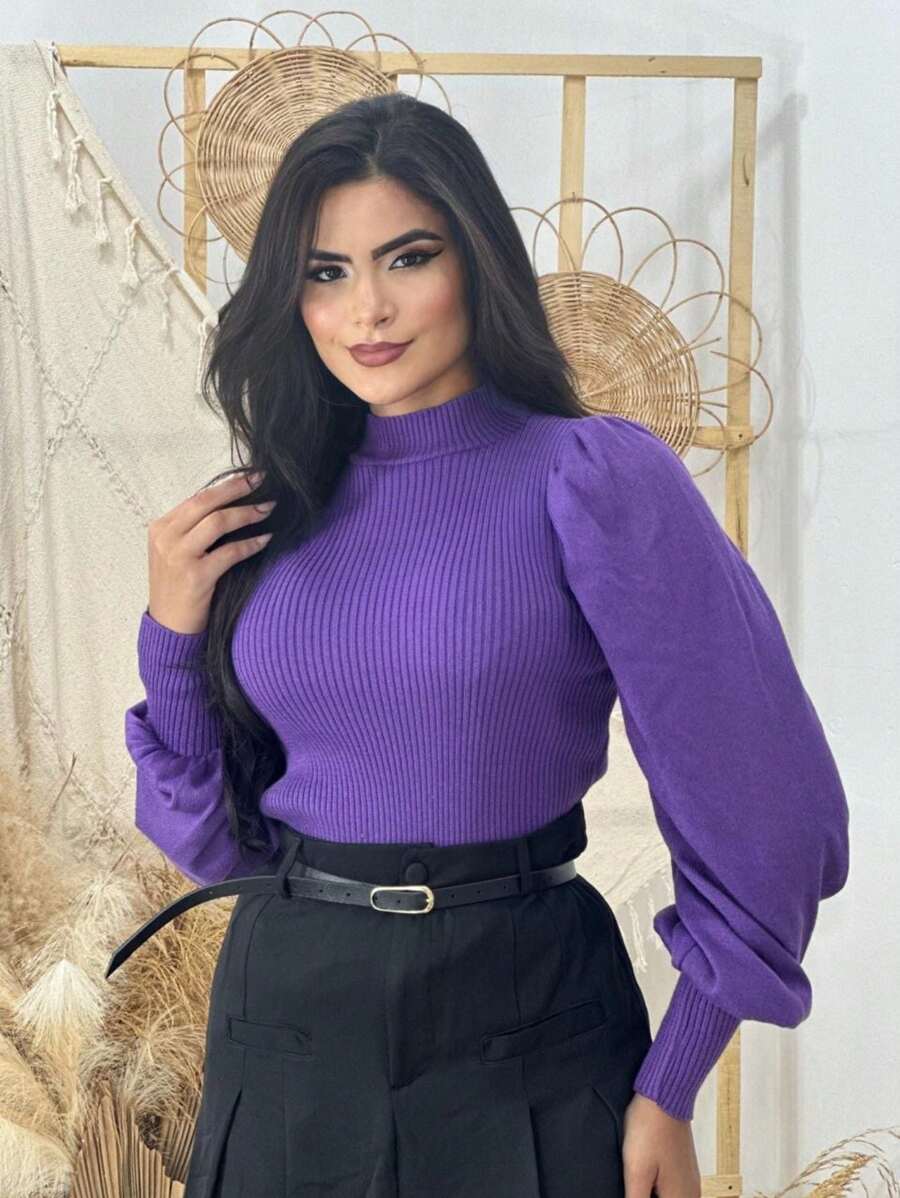 Women's Ribbed Knit Blouse Balloon Sleeve Puffed Fashion Daily Work Casual - tử đinh hương - Xem 1