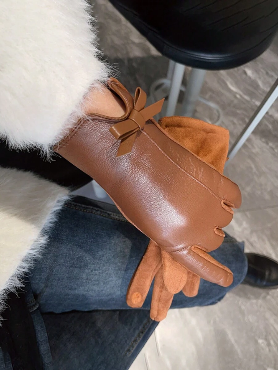 Găng tay mùa đông dày dặn và lót nhiệt cho nữ khi lái xe và đi xe, màn hình cảm ứng, phong cách Hàn Quốc, găng tay ngoài trời ấm áp có trang trí nơ dễ thương cho ngày lễ tình nhân Halloween - Nhiều màu - Xem 1