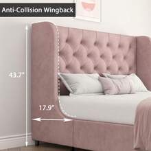Modern Velvet Upholstered Bed Frame With Curved Wingback Design, Wooden Platform Bed Frame For Bedroom, Full Bed Frame/ Queen Bed Frame/ King Bed Frame/ Full Size Bed Frame/ Queen Size Bed Frame/ King Size Bed Frame,Pink/ White/ Grey - Pink - View 3