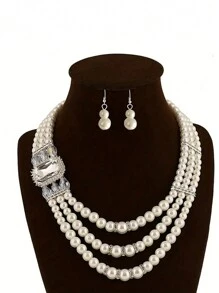 Bridal Bohemian Retro Multi-Layer White Faux Pearl Necklace & Earrings Jewelry Gift Set, Bride Long Faux Pearl Necklace, Personalized Women's Chunky Jewelry Gift Set, Prom Wedding Party Mother's Day Teacher's Day Gift, Jewelry For Women And Girls - Pearl Set - View 11