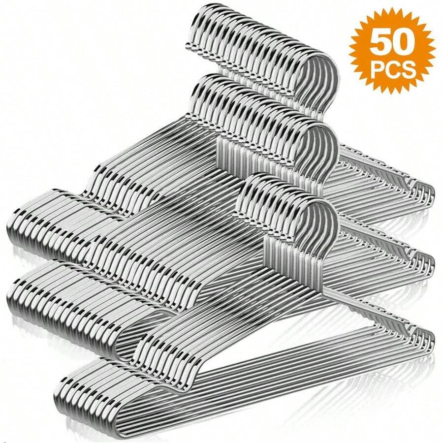 50 Ganchos para Ropa Perchas - Percha de Acero Inoxidable Sólida 42 CM Metal Ligero Resistente y Duradera para Chaqueta Pantalones Estándar Ahorro de Espacio Perchas para el Hogar para Adultos - Plateado - Ver 1