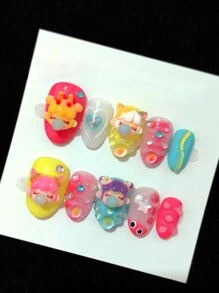 Purely Handmade Wearable Colorful Bubble Gum Girl Playful Cute Girl Reusable Send Tool Kit Press On Nails Nail Supplies Nails - Multicolor - View 6