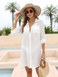 Kimono para mujer color sólido manga larga botón transparente en la parte delantera - Blanco - Ver 4