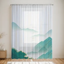 1pc Chinese Landscape Print Sheer Curtain, Digital Printed Mountain Scenery Decor For Home Office Living Room Bedroom
