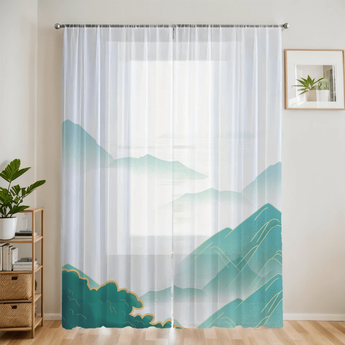 1pc Chinese Landscape Print Sheer Curtain, Digital Printed Mountain Scenery Decor For Home Office Living Room Bedroom
