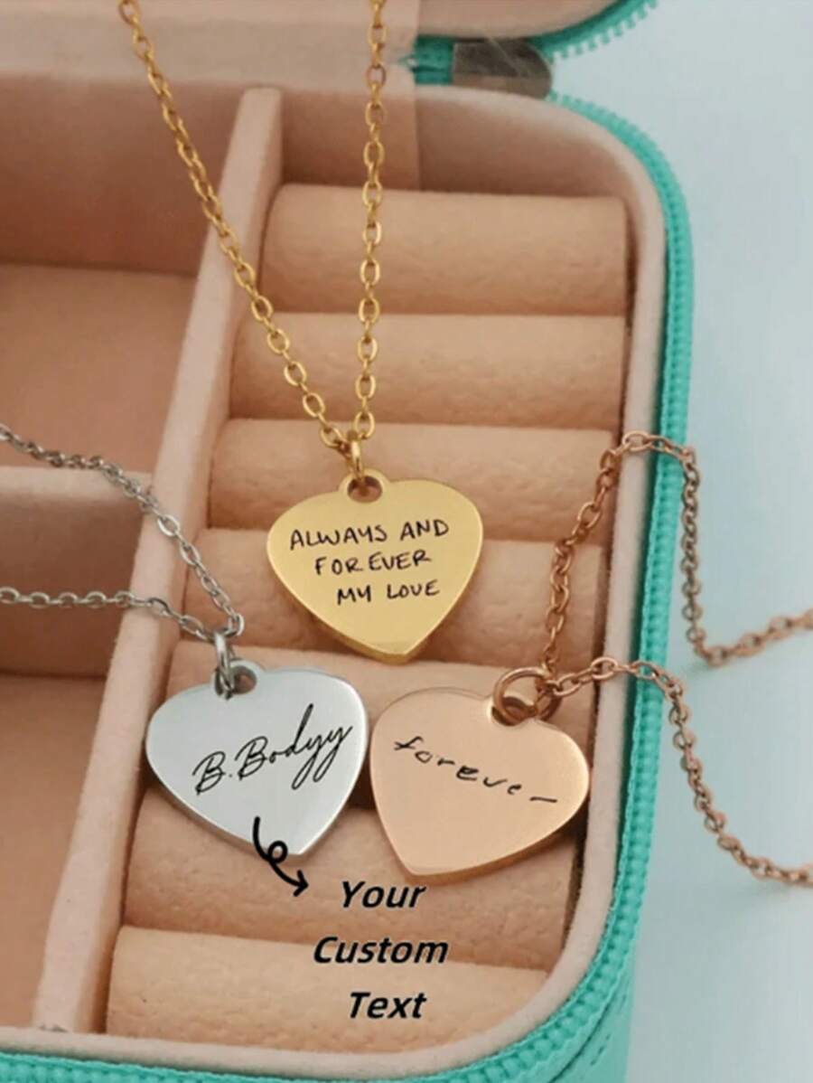 1pc Customized Stainless Steel Engraved Name/Text Necklace With Heart Pendant, Personalized Charm Jewelry Gift For Girlfriend - Multicolor - View 1