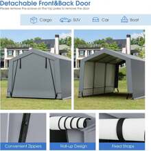 3x4.9M Outdoor Carport Canopy, Portable Car Shelter Garage Tent With Removable Door, Sturdy Triangular Beams, Steel Frame, Weatherproof Fabric Storage Shed For SUV Boat Cargo - Grey - View 4