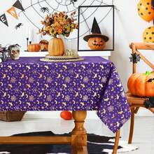 1 pieza Mantel de Halloween, mantel rectangular impermeable con estampado de murciélago morado y telaraña, adecuado para cocina y comedor, mantel de bruja de calabaza brillante, decoración de cocina - Morado - Ver 1
