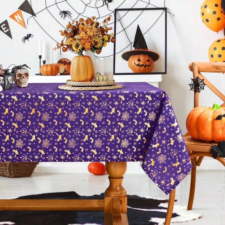 1 pieza Mantel de Halloween, mantel rectangular impermeable con estampado de murciélago morado y telaraña, adecuado para cocina y comedor, mantel de bruja de calabaza brillante, decoración de cocina - Morado - Ver 1