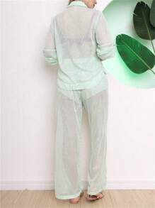 Beach Cover-Up Set, Long-Sleeved Shirt And Pants With Pocket On The Side - Verde Claro - 查看 4
