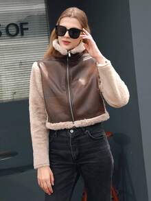 RELISH NOLESS Women Casual Patchwork Fluffy Jacket Short Padded Coat - Coffee Brown - View 5