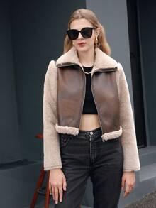 RELISH NOLESS Women Casual Patchwork Fluffy Jacket Short Padded Coat - Coffee Brown - View 2