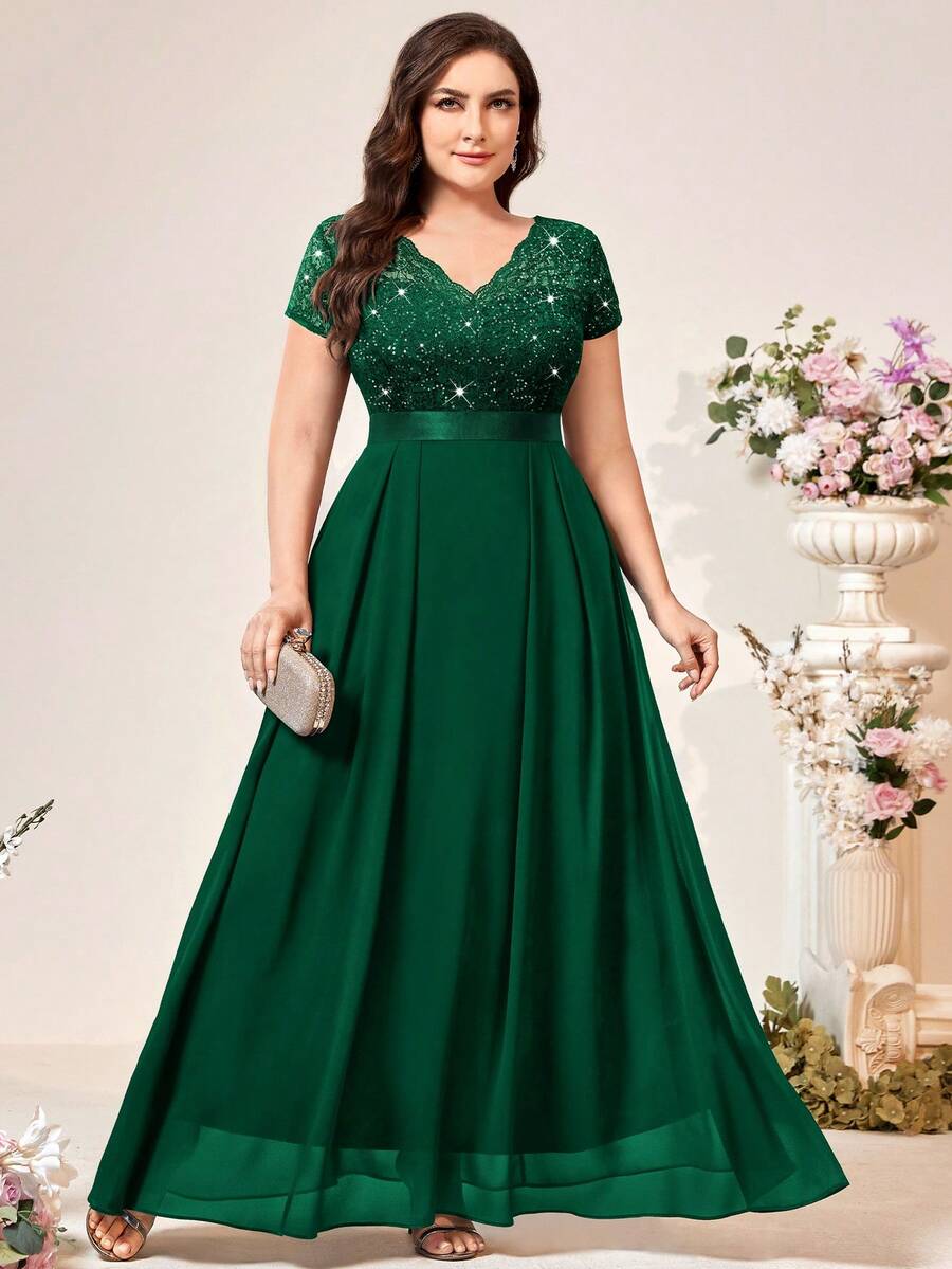 Plus Sequin Lace Bodice Scallop Trim V-Neck Chiffon Evening Party Dress Elegant Formal Prom Wedding Guest Gown, For Graduation, Dinner, Homecoming