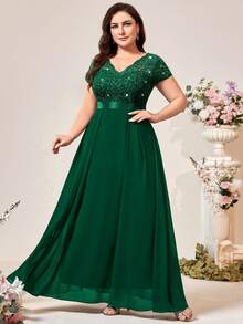 Plus Sequin Lace Bodice Scallop Trim V-Neck Chiffon Evening Party Dress Elegant Formal Prom Wedding Guest Gown, For Graduation, Dinner, Homecoming - Dark Green - View 6