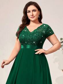 Plus Sequin Lace Bodice Scallop Trim V-Neck Chiffon Evening Party Dress Elegant Formal Prom Wedding Guest Gown, For Graduation, Dinner, Homecoming - Dark Green - View 8