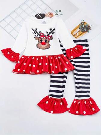 Young Girl Reindeer Pattern Polka Dot Print Pullover Sweatshirt And Striped Patchwork Pants Children Clothing, Halloween & Christmas Gift