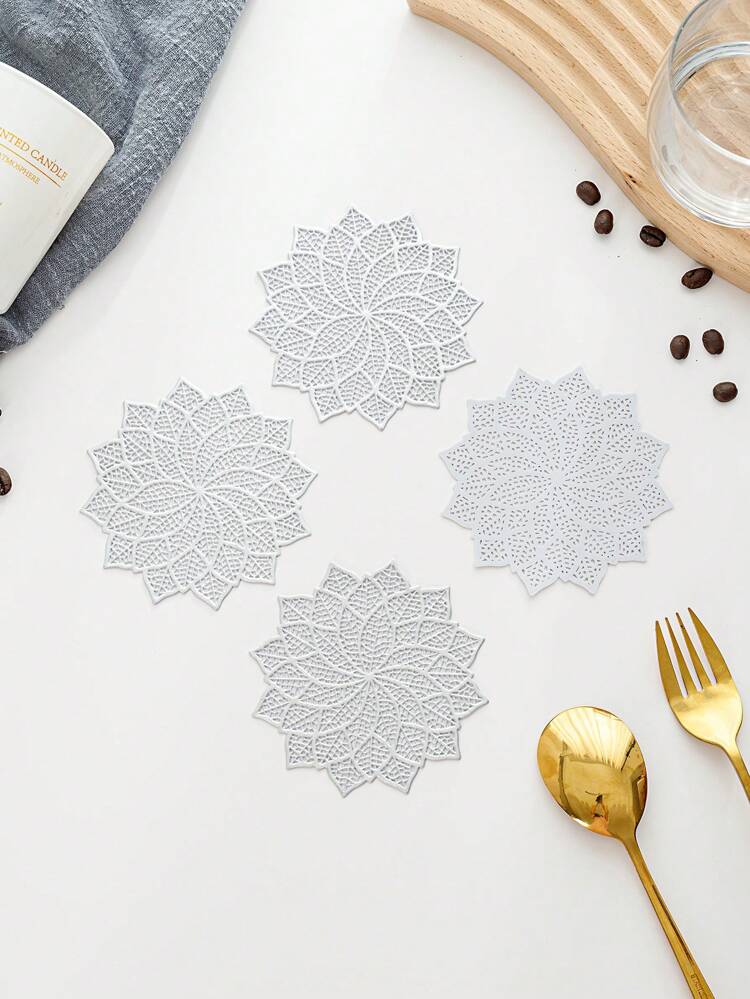 2pcs/set Hollow Out Leaf & Flower Design Pvc Table Mat And Cup Mat, Washable,easy To Clean, Anti-skid, Heat-resistant, Suitable For Dining Table, Sweet Home Decoration, Elegant Table Mat, Pvc Table Mat, Perfect For Kitchen Table Setting And Holiday Wedding Decorations
