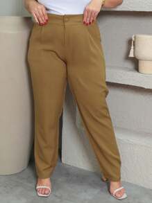 Women's Tailored Pants With Button Plus Size GG To G3 - marron claro - Ver 1