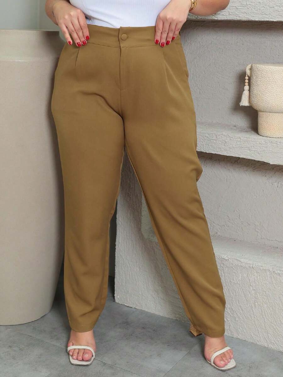 Women's Tailored Pants With Button Plus Size GG To G3 - marron claro - Ver 1
