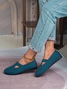 Zapatos planos de moda casual con puntera redonda, de punto y de slip-on para mujeres - Azul Marino - Ver 5