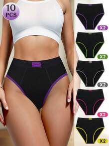 MEIYATING 10 piezas/paquete Pantaletas sin costuras para mujeres, moda de color contrastante, ajuste cómodo, negro