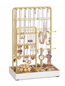 SONGMICS Jewelry Holder, Jewelry Organizer, Jewelry Display Stand With Metal Frame And Velvet Tray, Necklace Earring Bracelet Holder, For Studs, Rings, Gift Idea, 4.5"D X 7.7"W X 12.1"H, Gold Color, White, Black Valentine Day, Bedroom Decor - Gold - View 3