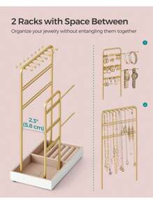 SONGMICS Jewelry Holder, Jewelry Organizer, Jewelry Display Stand With Metal Frame And Velvet Tray, Necklace Earring Bracelet Holder, For Studs, Rings, Gift Idea, 4.5"D X 7.7"W X 12.1"H, Gold Color, White, Black Valentine Day, Bedroom Decor - Gold - View 5