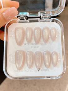 10 件手工佩戴假指甲套装，杏仁形灰色猫眼闪光指甲，适合日常和派对佩戴按压指甲美甲用品指甲