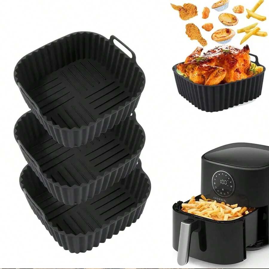 1pc Reusable Silicone Gas Fryer Liners, Oven And Microwave Friendly Non-Stick Food Containers, Indoor And Outdoor Cooking Baking Tools - Black - View 1