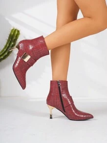 Botas cortas de punta fina de moda para mujer en color rojo, de alta gama con textura de roca, cremallera lateral, correa frontal, hebilla cuadrada, tacones finos, botas de - Rojo - Ver 4