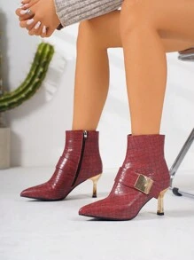 Botas cortas de punta fina de moda para mujer en color rojo, de alta gama con textura de roca, cremallera lateral, correa frontal, hebilla cuadrada, tacones finos, botas de - Rojo - Ver 7