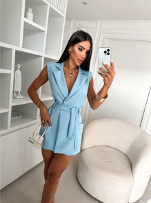 Romper BLAZER VEST Tailoring Tank Top Short Sleeve Social Elegant And Casual Monkey Blogger Short Skirt Fashion Summer Pastel Tones Cand Collors 2024 - 淺藍色 - 查看 5