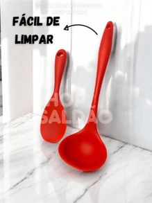 Kit 2 Utensílios de Cozinha de Silicone Colher de Arroz Pequena e Concha Vermelha Reforçada Proteja suas Panelas - Vermelho - Visão 5