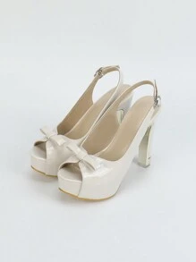 女式闪亮蝴蝶结装饰粗跟带扣凉鞋 - 米色 - 查看 6