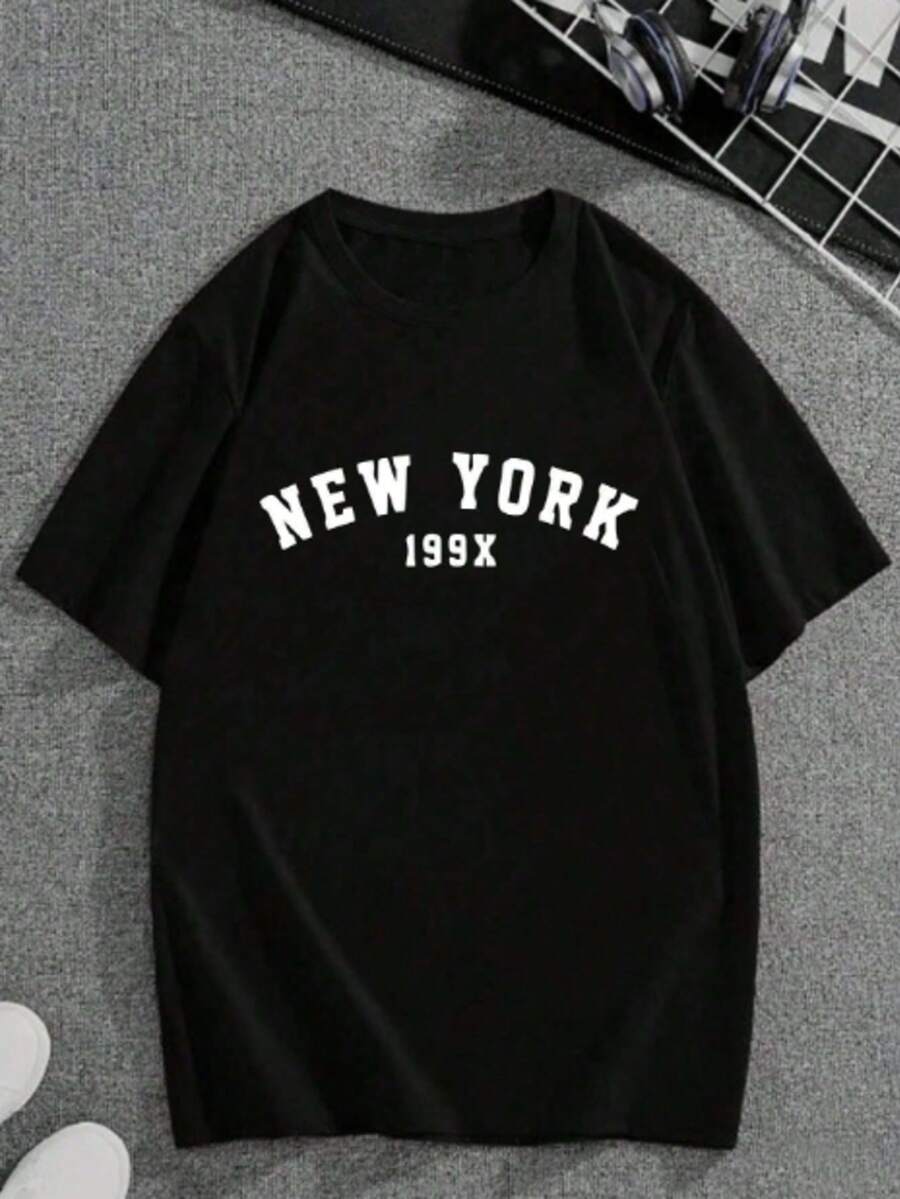 New York Casual Women's T-Shirt Drop Shoulder Streetwear T-Shirt Printed Blogger Shirt - 黑色 - 查看 1