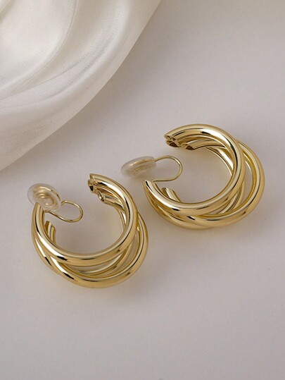 2pcs Fashion Korean Metal Vintage Clip On Hoop Earring Woman  Gold Color Geometric Without Piercing Earrings Jewelry Brincos Gift