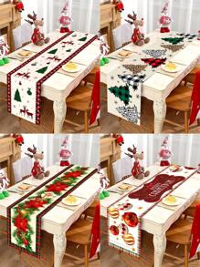 1pc Christmas Table Runner, Christmas Floral Clock Snowman Decor, Polyester Table Runner, 35x180cm, Winter Christmas Table Decoration, Party Atmosphere Decor,Christmas - Multicolor - View 1
