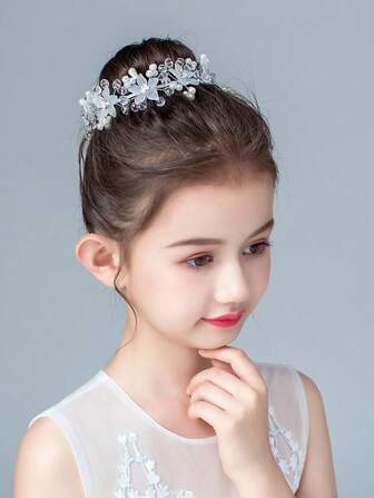 1pc Children's Headband, Princess Bun Hairstyle Accessory, Flower Girl Headpiece For Wedding Dress, Dance Performance, Silver Color, Suitable For Halloween, Christmas