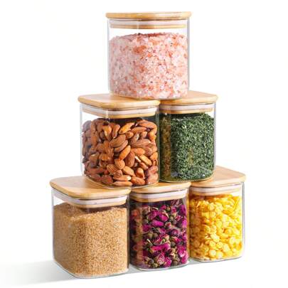 وعاء بلاستيكي من البولي إيثيلين ترفثالات مع غطاء محكم الإغلاق ، حاوية تخزين طعام من البولي إيثيلين ترفثالات مع غطاء من الخيزران ، برطمان طعام شفاف من البولي إيثيلين ترفثالات لتخزين الأطعمة الجافة مثل الأرز والسكر والدقيق والمعكرونة والحبوب والفاصوليا والمكسرات ، منظم مطبخ قابل للتكديس