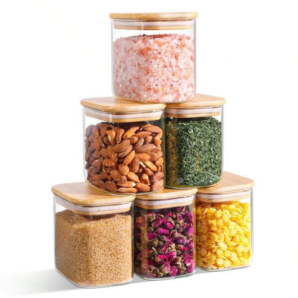 Tarro de PET con tapa hermética, Recipiente de almacenamiento de alimentos de PET con tapa de bambú, Canister de alimentos de PET transparente para alimentos secos como arroz, azúcar, harina, pasta, cereales, frijoles, nueces para organización de cocina, organizadores apilables para alimentos
