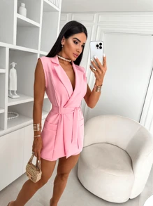 Romper BLAZER VEST Tailoring Tank Top Short Sleeve Social Elegant And Casual Monkey Blogger Short Skirt Fashion Summer Pastel Tones Cand Collors 2024 - 淺粉色 - 查看 6