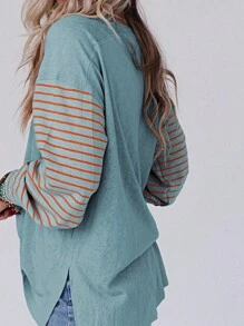 Boho Retro Vintage 90's Vibe Rose Green Blue Viscose Drop Shoulder Color Block Sleeve Top Shirt Blouse - 藍色 - 查看 3