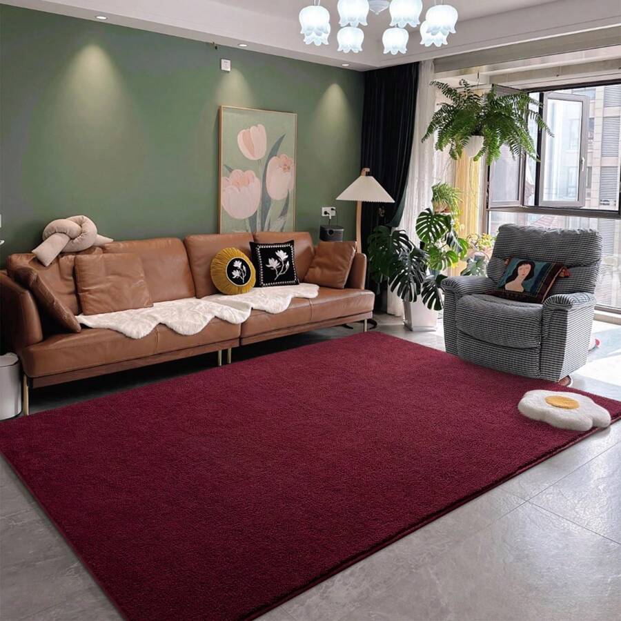 Modern Beige Area Rugs For Bedroom Living Room, Short Wool, Washable, Thickened Memory-Foam Indoor Carpets, Minimalist Style Carpet With Super Soft Touch - 酒紅色 - 查看 1