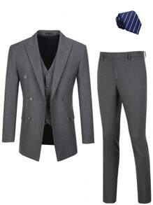 Furuyal Men's Gray Checkered 4-Piece Suit Set Including Pants, Vest, Blue Striped Necktie - Grey - View 2