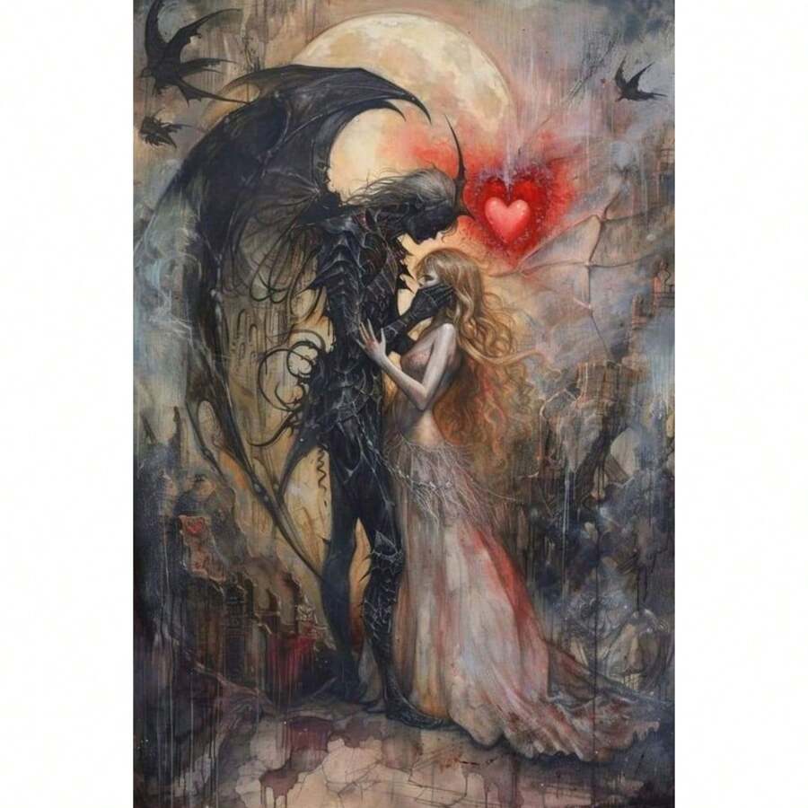 哥特式幻想女孩 5D DIY 钻石画马赛克天使与魔鬼魅力艺术十字绣套件刺绣家居装饰儿童万圣节礼物 2024 新品 - 黑色 - 查看 1