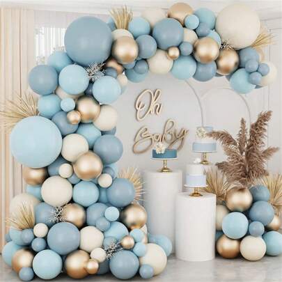 134Pcs/Set Dusty Blue Balloons Arch Garland Kit, Dusty Baby Blue Sand White Metallic Gold Balloons For Bridal Shower Gender Reveal Birthday Baby Shower Decorations Baby Shower Family Decorations Gifts