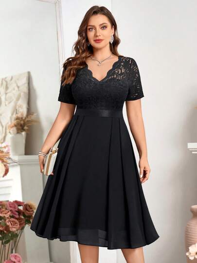 Plus Floral Lace V-Neck Ruffle Trim Chiffon A-Line Hem Semi Formal Party Swing Dress